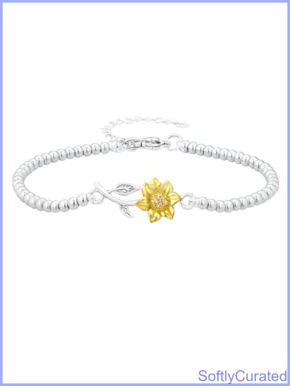 Silver Beaded Bracelet with Gold Sunflower Charm Adjustable